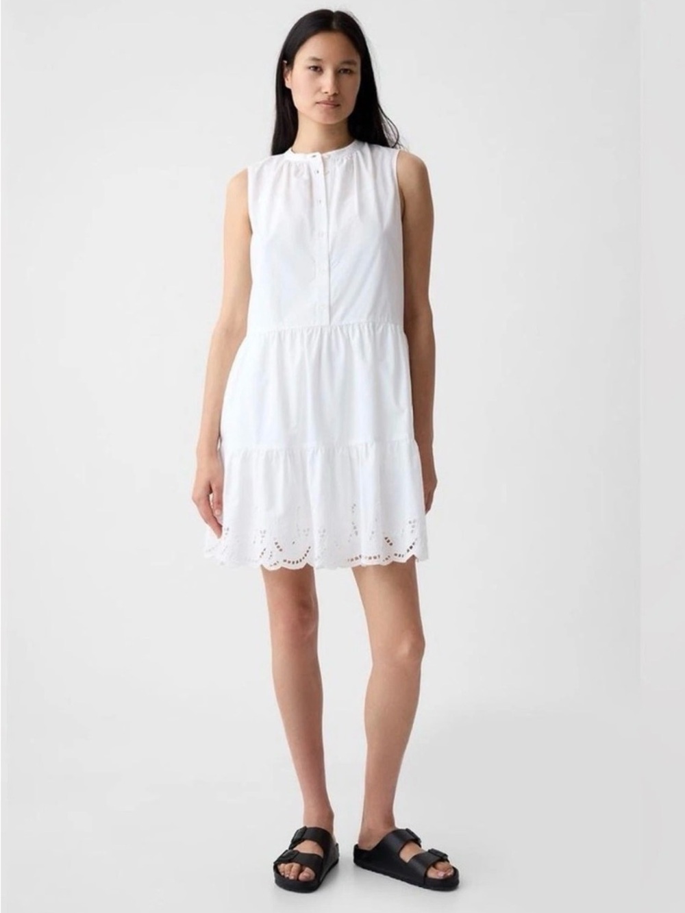 NWT GAP White 100% Cotton Sleeveless Eyelet Ruffle Mini Shirtdress Size L $79